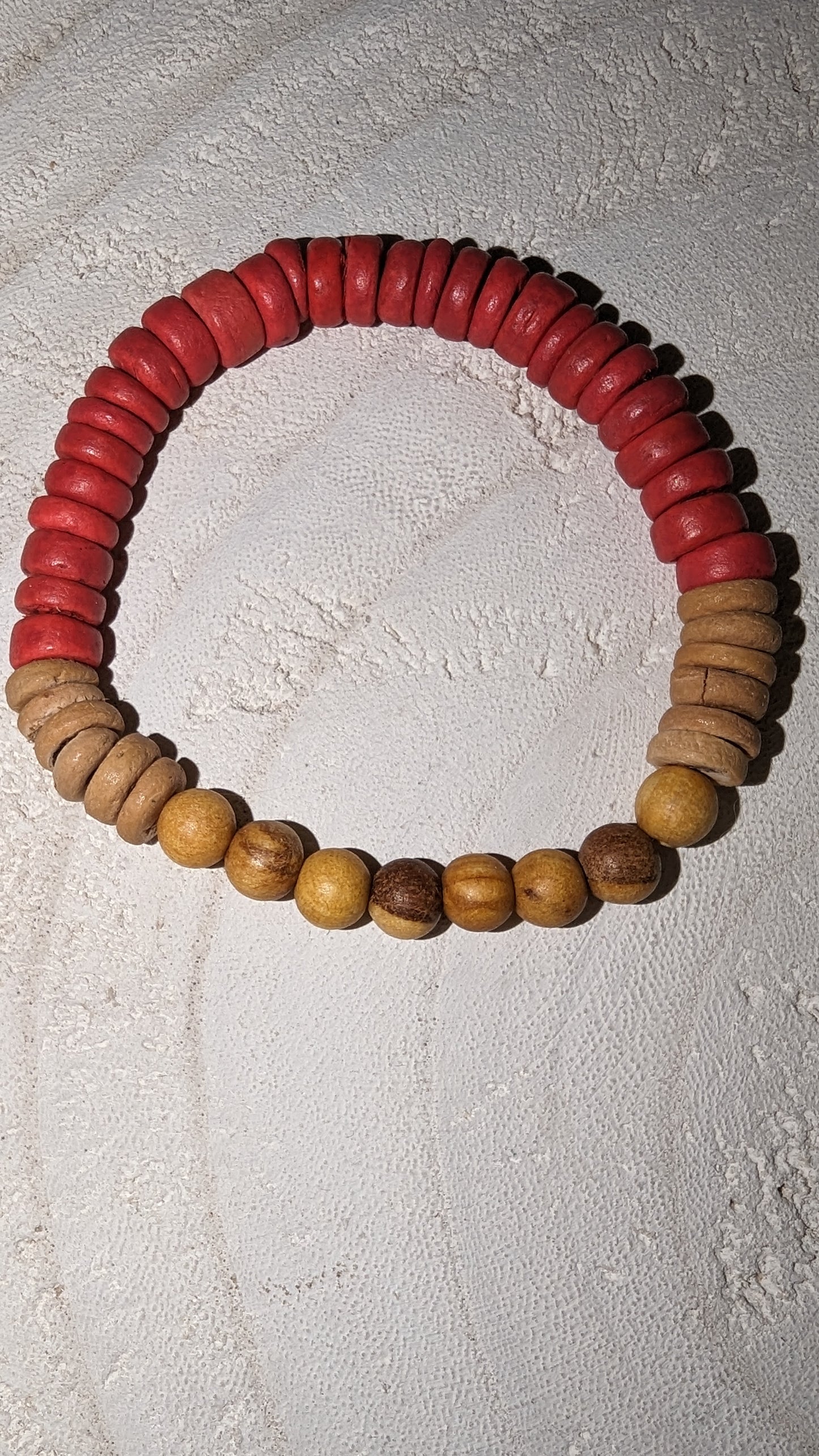 Red wooden bead with disc and round wooden beaded stretch bracelet