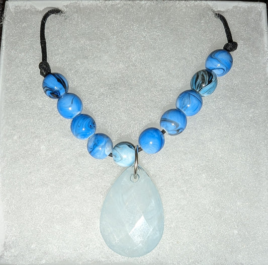 Beautiful blue beaded necklace with blue teardrop pendant