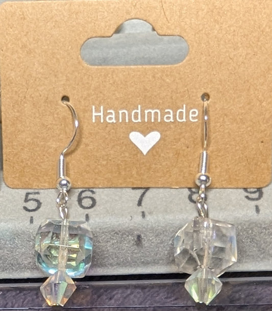 Crystal iridescent dangle earrings on sterling silver hoops.