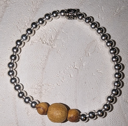 Silver and wooden stretch bracelet