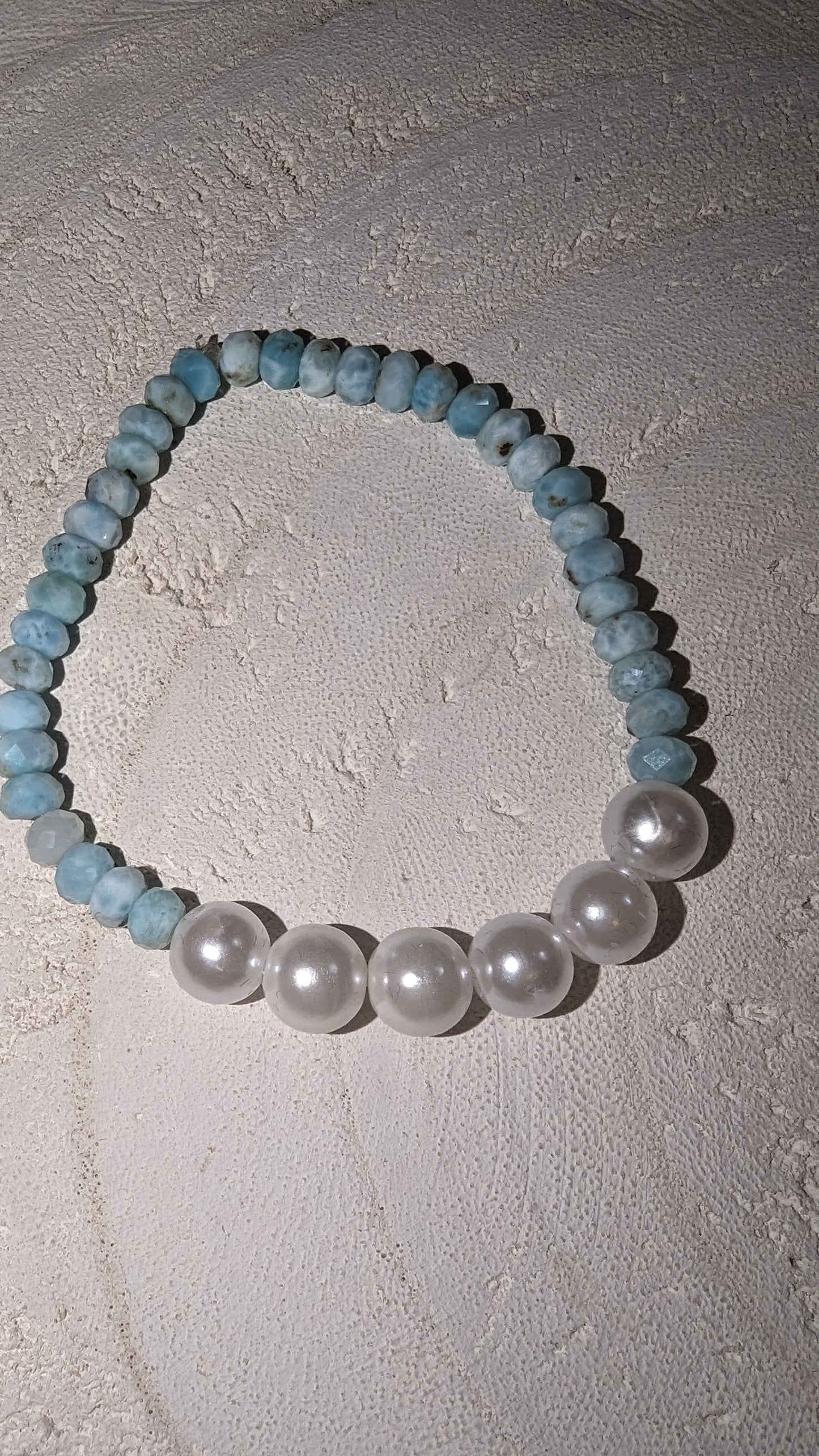 Blue larimar and white pearl stretch bracelet