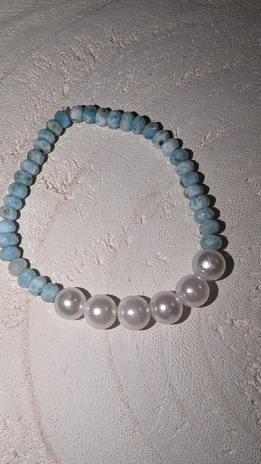 Blue larimar and white pearl stretch bracelet