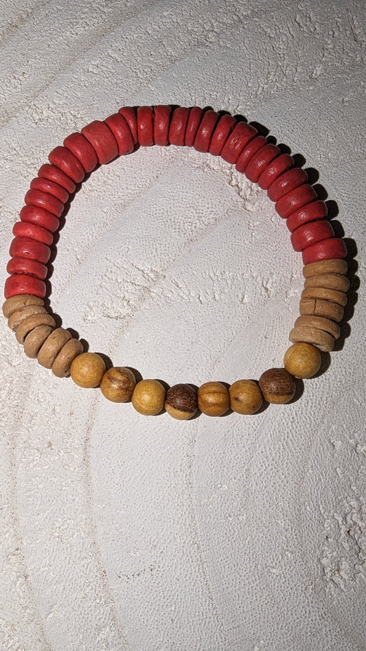 Red wooden bead with disc and round wooden beaded stretch bracelet