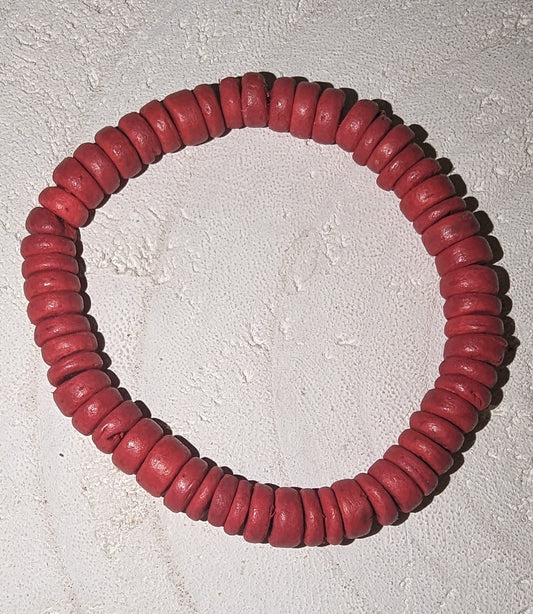 Red wooden disc beaded stretch bracelet