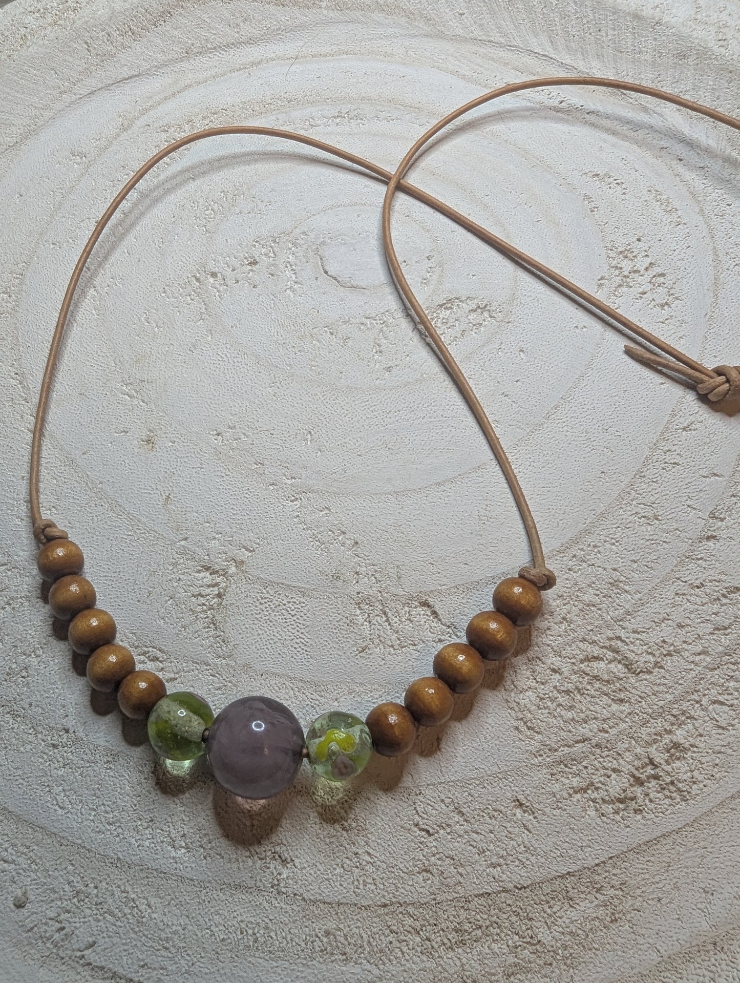 Necklace with wooden and green beads