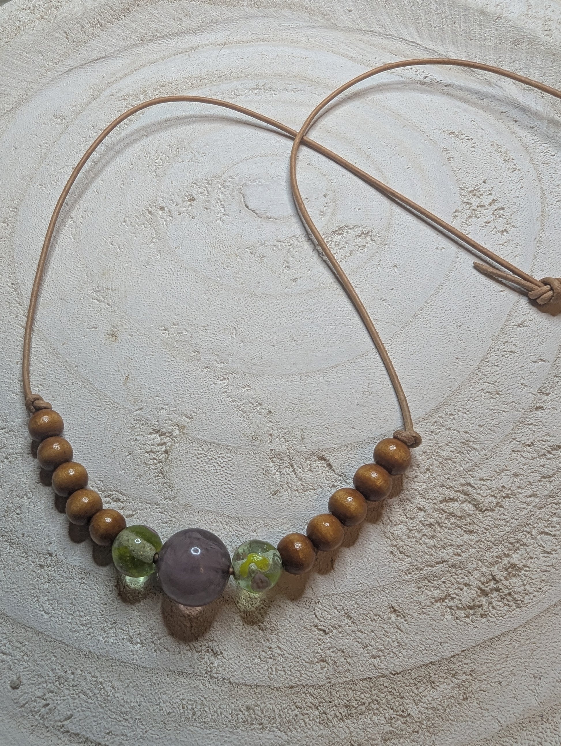 Necklace with wooden and green beads